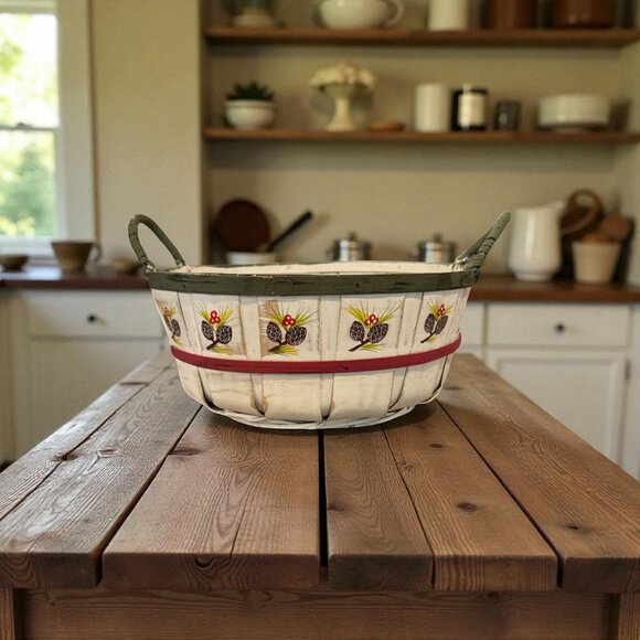 Hand-Painted Wooden Oval Basket With Handles Green & Red Accents Pinecone Design - Picture 3 of 6